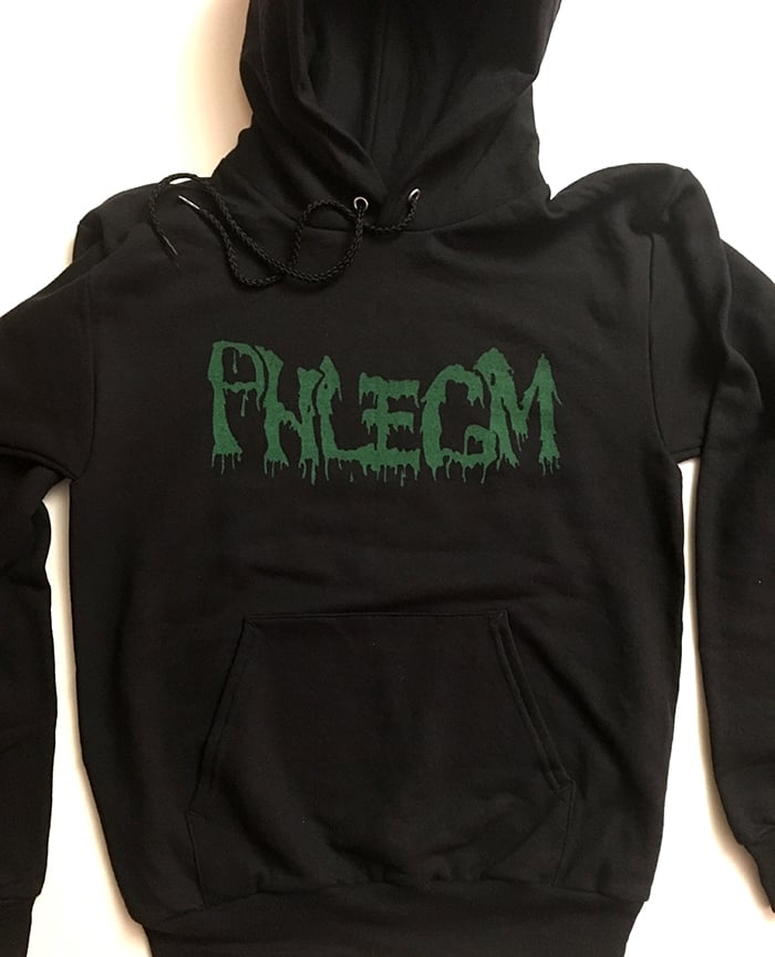 Black hoodie with online green writing